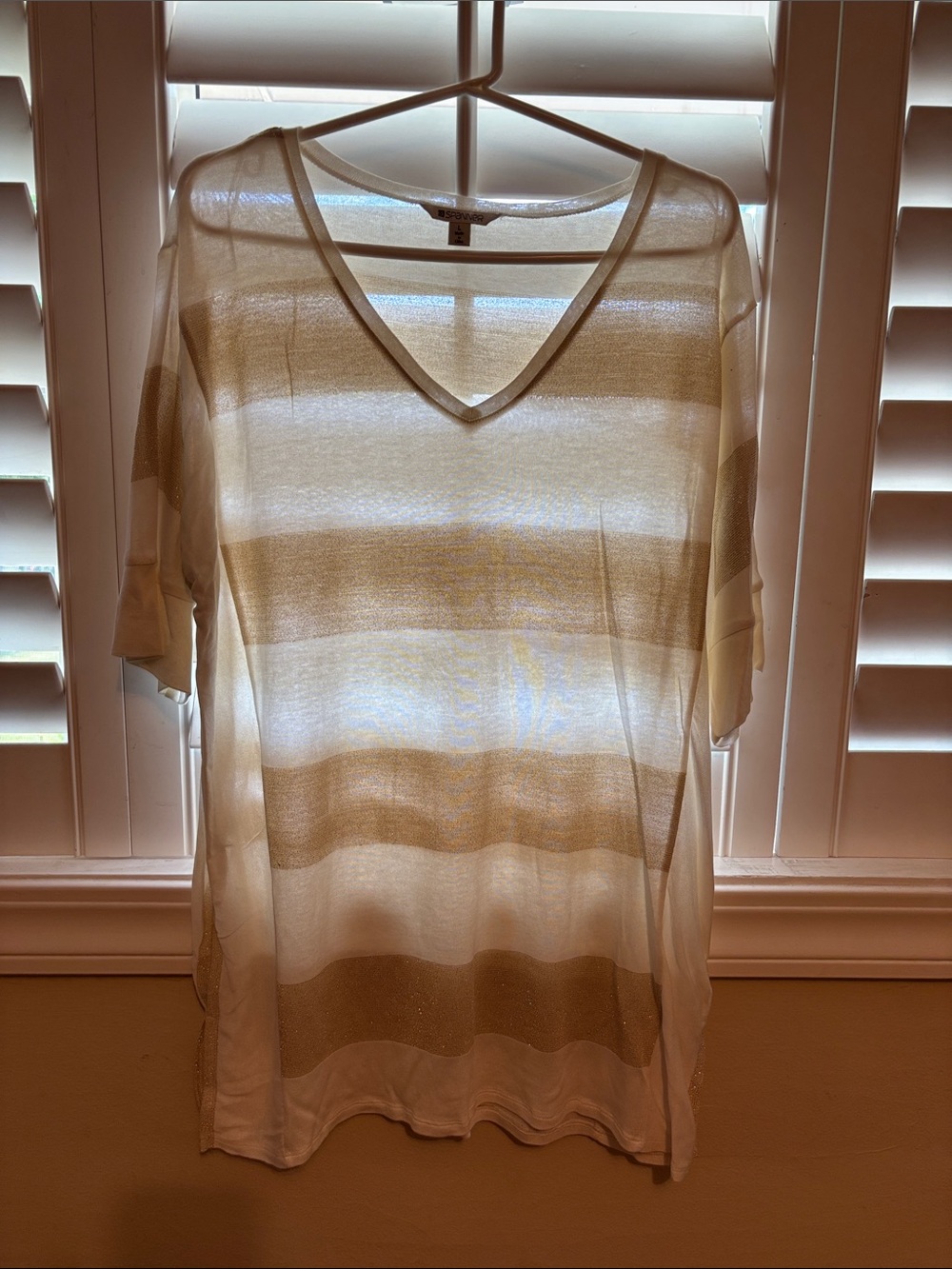 SPANNER White and Gold Striped Sheer V-Neck Tunic